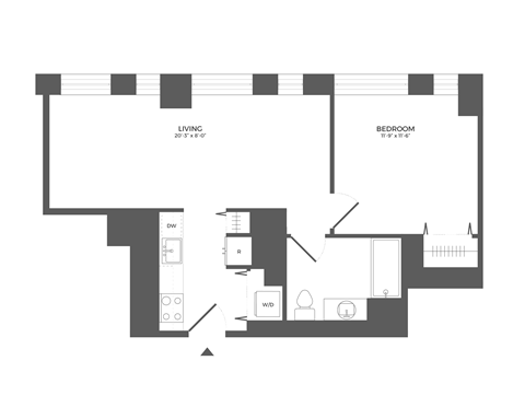 Floor plan for 1 bed, 1 bath, 636 sqft